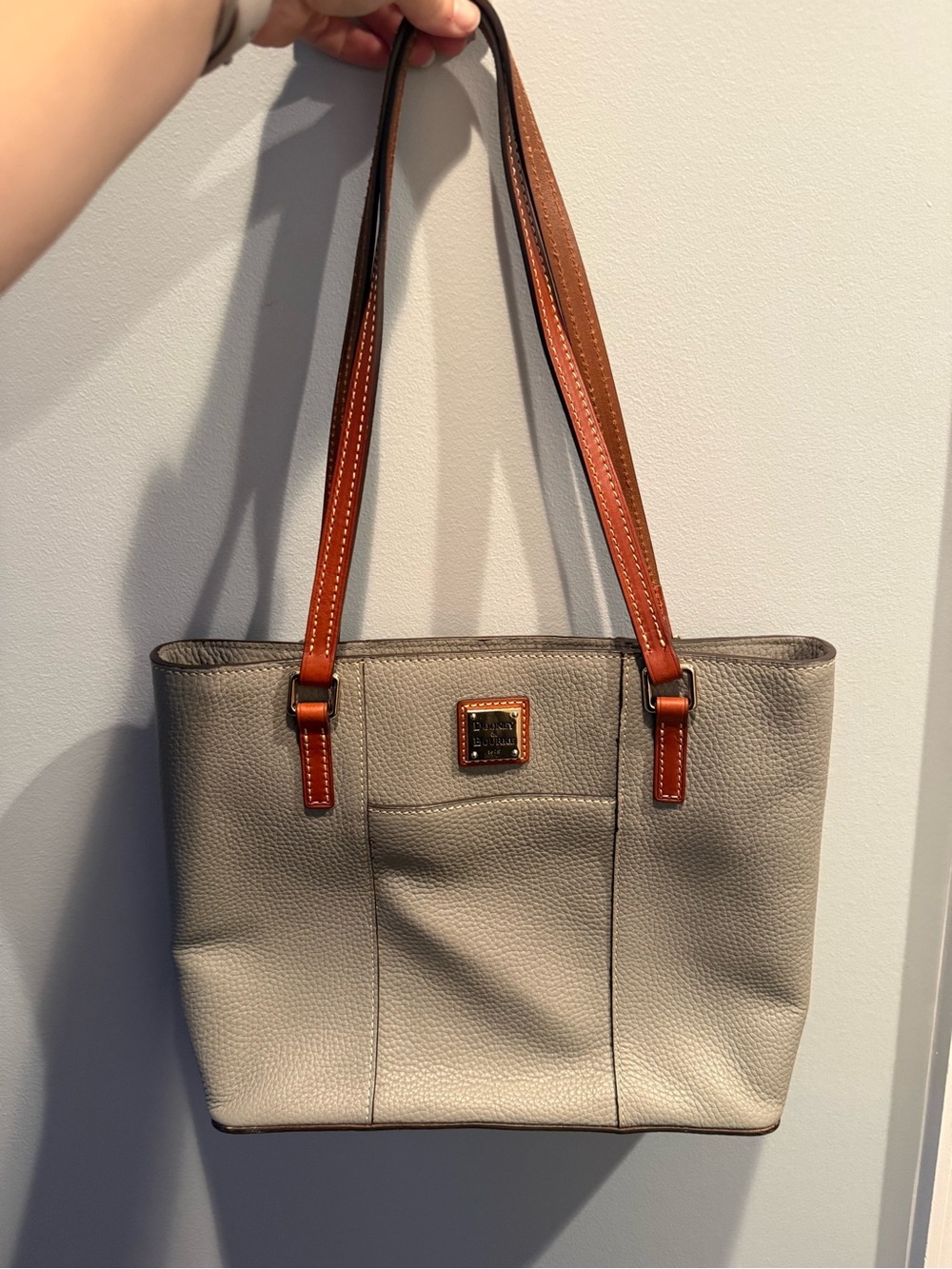 Dooney & Bourke Gray Pebble Leather Tote with Brown Straps and Front Pocket - Picture 2 of 10